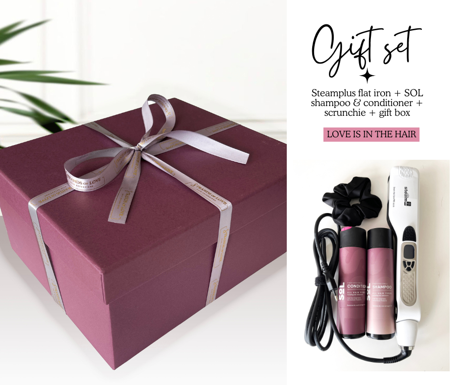 STEAMPLUS hair straightener + SOL Shampoo & Conditioner + Scrunchie GIFT BOX