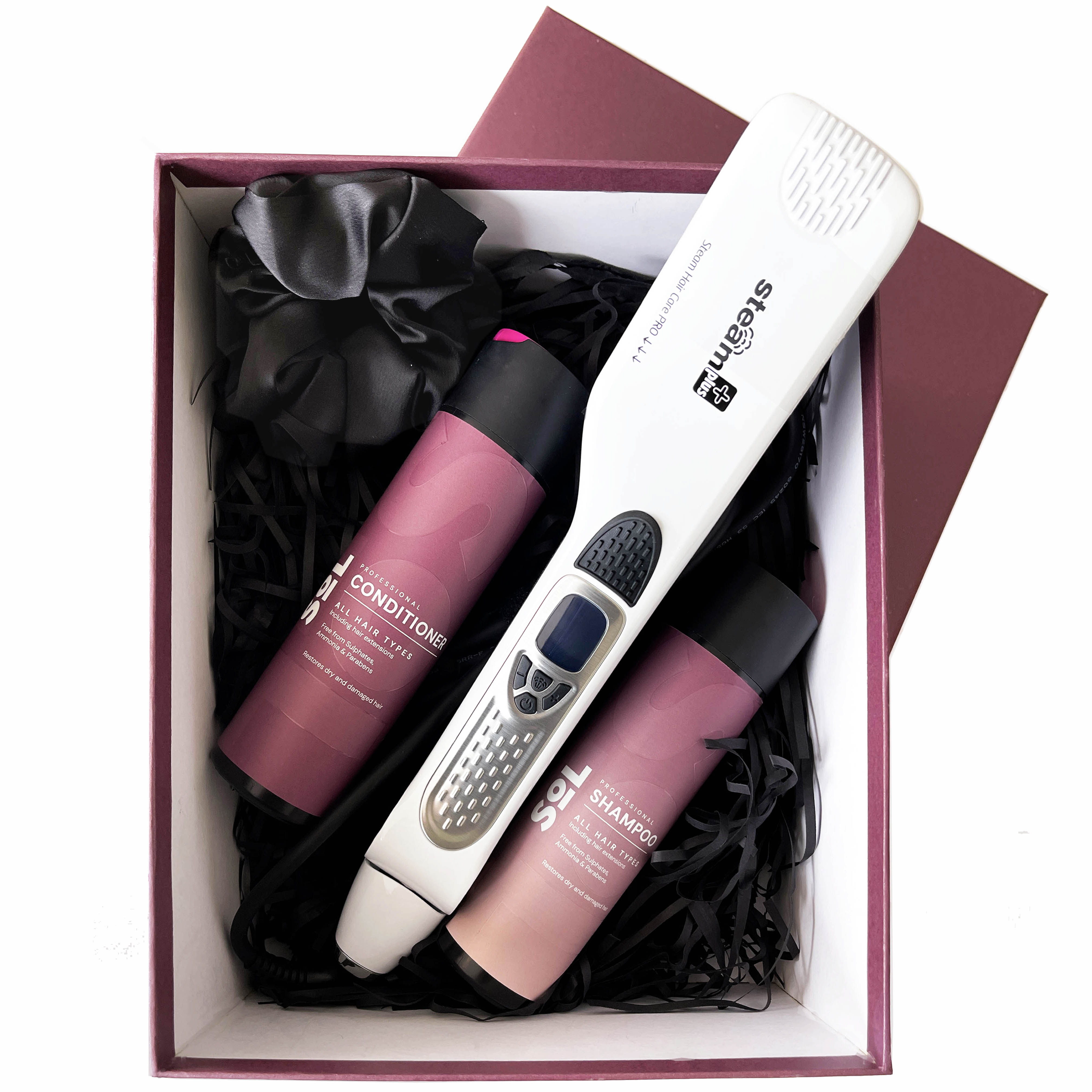 STEAMPLUS hair straightener + SOL Shampoo & Conditioner + Scrunchie GIFT BOX