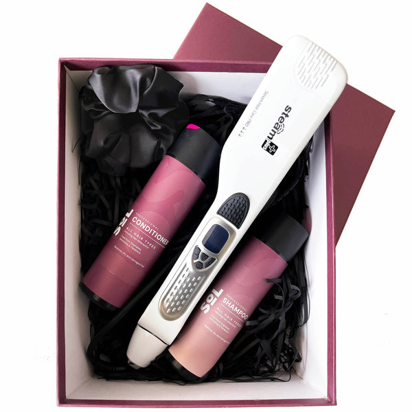 STEAMPLUS hair straightener + SOL Shampoo & Conditioner + Scrunchie GIFT SET