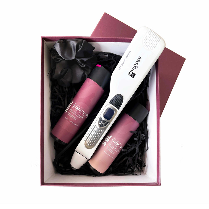 STEAMPLUS hair straightener + SOL Shampoo & Conditioner + Scrunchie GIFT SET